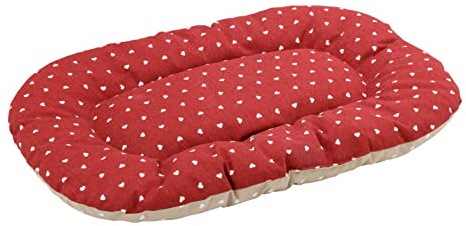 Baroni Home Cuscino Ovale per Cani e Gatti Tessuto Taglia, Imbottito con Morbido Foam, Utilizzabile su Entrambi i Lati (40x60x7 cm, Beige e Rosso Cuori)