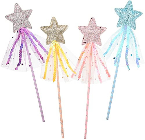 FANTESI 4 Stück Zauberstäbe für Kinder, Stern Zauberstab Prinzessin Zauberstab Fee Glitzer Stern Zauberstab Feenstab für Mädchen, Weihnachten Halloween Geburtstagsfeier Dekoration(Rosa,Lila,Geld,Blau)
