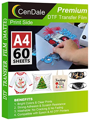 CenDale DTF Transfer Film - A4(8.3 x 11.7) 60 Sheets Double-Sided Matte Clear PreTreat Sheets- PET Film Sheets DTF for DIY Direct Print on T-Shirts Textile