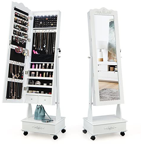 COSTWAY Armoire à Bijoux à Roulettes, Organisateur de Bijoux Verrouillable Réglable à 3 Positions, Tiroirs, Miroir Pleine Longueur pour Salon, Chambre (Blanc)