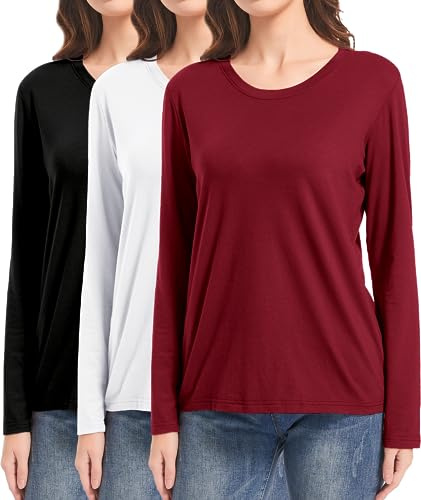 DMVOD 3-Pack T-Shirt a Maniche Lunghe in Cotone da Donna Top da Allenamento per Signore T-Shirt basiche Aderenti T-Shirt Semplice Girocollo Black/White/Red-2XL