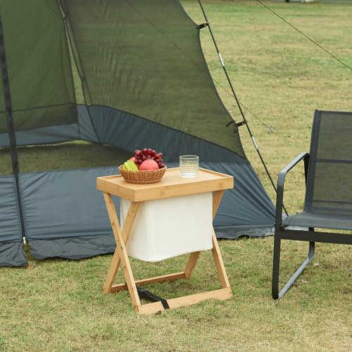 [en.casa] Campingtisch Hattfjelldal Picknicktisch mit Tasche aufklappbarer Outdoor-Tisch Gartentisch mit abnehmbarem Tablett 53x48x32cm Bambus