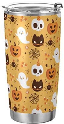 Anticsao Bicchiere termico con motivo Halloween con coperchio e cannuccia, tazza termica in acciaio inox, a doppia parete, da viaggio, per bevande calde e fredde, 590 ml