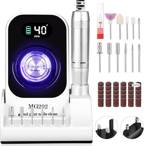 Urbuti Fresa per Unghie professionale 40000 giri/min, lima per unghie elettrica Urbuti 12 in 1 con display LCD, velocità regolabile, silenzioso per Unghie Acriliche e gel,Manicure e Pedicure (Bianco)