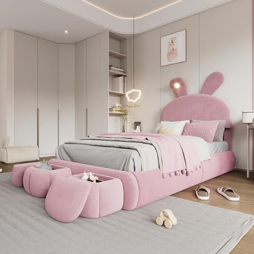 FEZTOY Kinderbett 90x200 cm Polsterbett mit LED & Aufbewahrungsbank, Samtstoff, Hasen-Form, Bettgestell Mädchenbett Einzelbett Jugendbett, ohne Matratze (Rosa, 90x200)