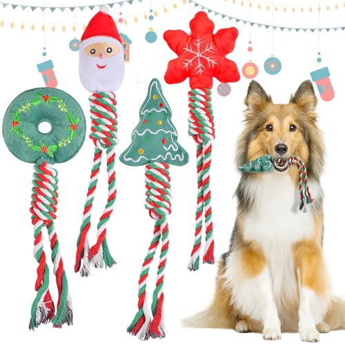 FGen 4 Stück Hundespielzeug Weihnachten,Hundespielzeug-Set,Weihnachten Geschenk für kleine mittelere große Hunde,Aus Seil,Robust,Kauspielzeug,Training,Spielen,Zahnen