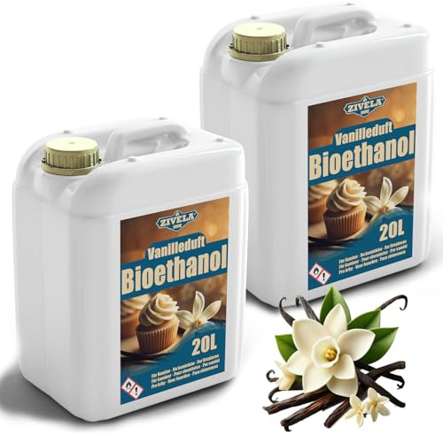 Bioetanol 96,6% 40L | Bio Alcohol Vainilla Aroma 96,6% 2x20L | Bioetanol para chimenea, chimenea de mesa, chimenea de bioetanol | Bioetanol Vainilla | Combustión limpia, sin humo, llama viva y estable