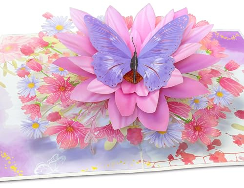 Hierein Pop Up Birthday Cards for Women, 3D Butterfly Lotus Flower Card for Mum, Happy Birthday Card for Daughter, Sister, Wife, Anniversary Cards, Thinking of You, Retirement Card, Personalised Gift