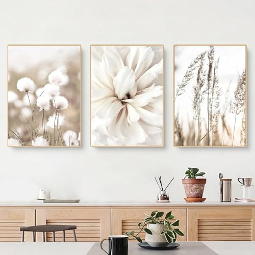 3er Poster Set Boho, Bohemian Poster & Kunstdrucke Set 50x70 Blumen Wandbilder Set, Weiße Blumen, Pflanzen, Totes Gras Abstrakte Beige Bilder Schlafzimmer Über Bett Leinwand Ohne Rahmen (50x70 cm)