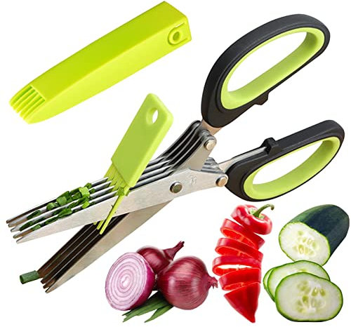 Ciseaux à herbes, ciseaux à 5 couches inoxydables pour herbes et oignons verts | Coupe-légumes avec couvercle de sécurité Outils pratiques pour hacher les aliments