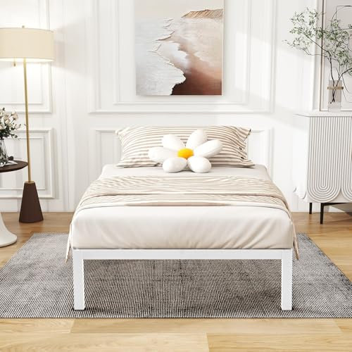 FetiNes Bettrahmen Einzelbett 90 x 200 cm Plattformbettrahmen Metallbett Palettenbett Bausteinbett, Keine Schraubwerkzeuge für die Montage erforderlich, Weiß