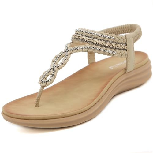ZDQ Sandals Womens Ladies Summer Casual Comfortable Flat Arch Support Bohemian Flip Flops Wide Fit Slip-on Sandals with Elastic Ankle Strap Beige 8