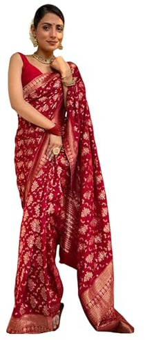 TRAFAART Sari Ethnique Pour Femme Style Kanjivaram Indien Banarasi Jacquard Sari Avec Chemisier Non Cousu Rouge