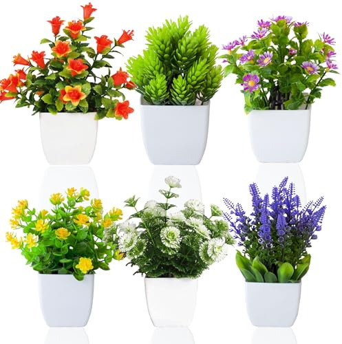 LuckyCao 6 Pack Small Artificial Flowers in Pots, Mini Fake Plants Potted Indoor/Outdoor Artificial Plants Plastic Faux Plants Pot for Home, Office, shelf,Table,Garden Decor
