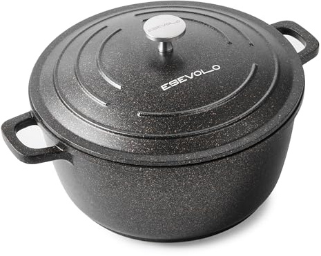 ESEVOLO - Olla de hierro fundido (24 cm), diseño redondo de aluminio fundido con revestimiento antiadherente, olla con tapa, ideal para sopa, estofados, pan, horno y gas, color negro