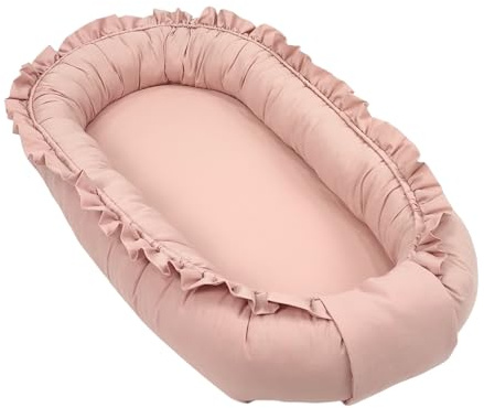 WIKLINOPOL Babynest per neonati – Nido per bebè 85x45 cm in rosa con volant – Nido portatile con materasso – Nido lavabile in 100% cotone – Sicuro per casa e viaggi