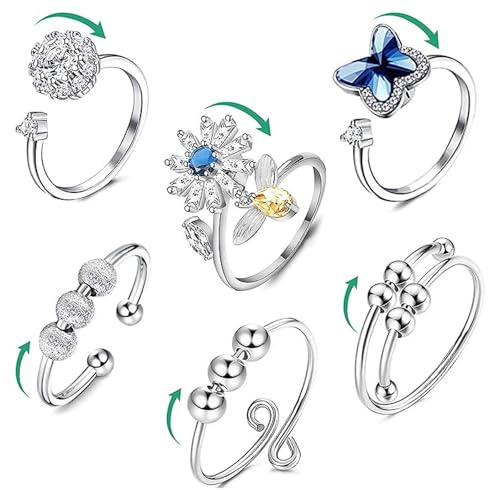 JSTHHTT 6 Anello Antistress per Donna, Argento Antistress, Anelli Spinner Con Perline, aAnello aAntistress Donna, Regolabile Impilabili Girevole, Anello Aperto Regolabile Per Ragazze Adolescenti