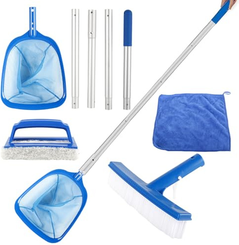 Eulihent Red Piscina Limpieza con Palo 146cm, Recogehojas Piscina + Cepillo para Piscina y Paños de Limpieza para Piscina,Estanque,Fuente,SPA