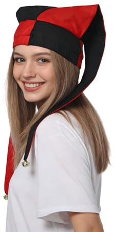 ANDHOM Cappello da giullare con campane Arlecchino Diamond Pattern per Halloween Natale accessorio costume nero e rosso (L)