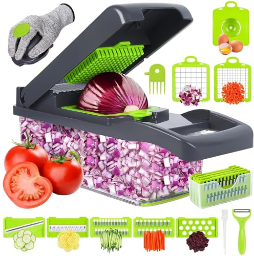 Swetfela Vegetable Chopper, 18-in-1 Mandoline Slicer | Food Chopper, 7 Interchangeable Blades, Easy Meal Prep, Onion Chopper, Julienne Slicer, Peeler, Safety Glove & Brush