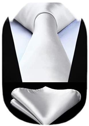 HISDERN Cravate Blanche Homme Cravate et Mouchoir de poche Set - Travail Fête Mariage Cravates Soie avec Boîte Couleur Unie Cadeau pour hommes Saint Valentin,Blanc