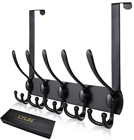 LYLIN Türhaken Edelstahl, Türgarderobe mit 15 Haken, Kleiderhaken Tür Ohne Bohren, Garderobenhaken tür für Küche, Badezimmer, Flur und Schlafzimmer (Matt Schwarz, Türfalzstärken bis 2cm)