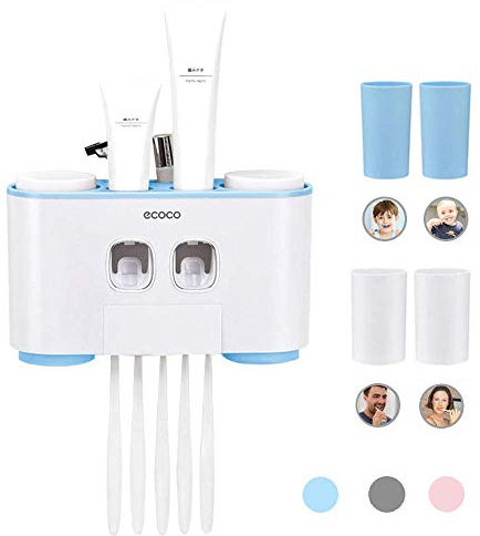 MHTECH - Soporte de Pared para Cepillo de Dientes, dispensador de Pasta de Dientes y ubicaciones multifuncionales para Cuarto de baño, 2 prensas de Dientes con 5 cepillos con 4 Tazas