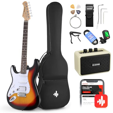 Donner E-Gitarre Set E Gitarren Linkshänder, S-S-H Pickups, Volle Größe 39 Zoll für Anfänger mit Verstärker, Tasche, Capo, Gurt, Saiten, Tuner, Kabel und Plentren (Sunburst, Linkshänder)