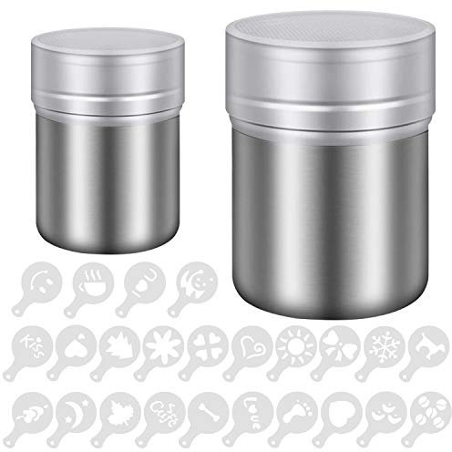 2 Taglie Spargi a Velo Spargizucchero Spargicacao in 304 Acciaio Inox con Coperchio per Farina Cioccolato Sale Pepe Zucchero a velo Cacao Spezie in Polvere, 24pezzi Cappuccino Stencil