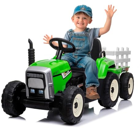 ATAA Ceres grön elektrisk barntraktor med släpvagn och LED-lampor | 12 V 4,5 Ah batteri, löstagbar släpvagn, 2,4 G föräldrakontroll, främre LED-lampor, MP3-musik med USB, säkerhetsbälte