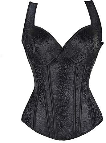 RHISLEO Women Floral Zip up Black Bustier Top Burlesque Basque Body Shaper Overbust Boned Corset Vest Waistcoat (Floral Black Vest, 10-12)