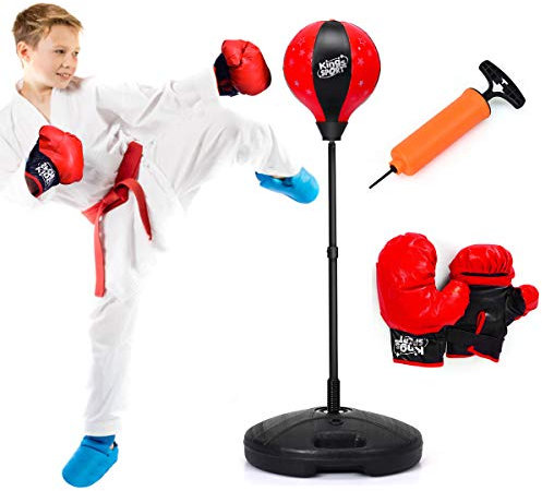 COSTWAY Punchingball 81-123cm höhenverstellbar, Kinder Boxset freistehend, Boxsack Set, Box Set inkl. Boxhandschuhe und Handpumpe, Standboxsack für Kinder und Jugend (Rot)