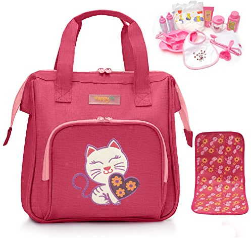 HappyVk- Baby Doll Diaper Bag with Doll Changing Pad and Doll Accessories Set - Handbag for Girls- Cat Embroidery