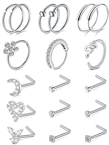 JFORYOU 20G Nose Piercing Stainless Steel Nose Ring L-Shaped Nose Screw 18 Pieces Fake Septum Piercing Nose Body Jewelry