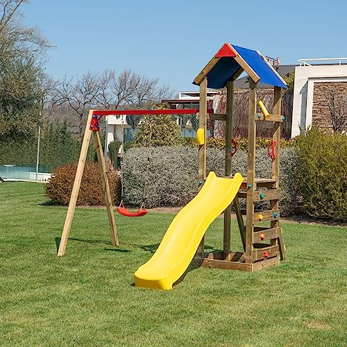 SavinOutdoor Parco Giochi Torre Torretta Casetta Deluxe in legno con scivolo arrampicata climbing e altalene con 1 sedile piano