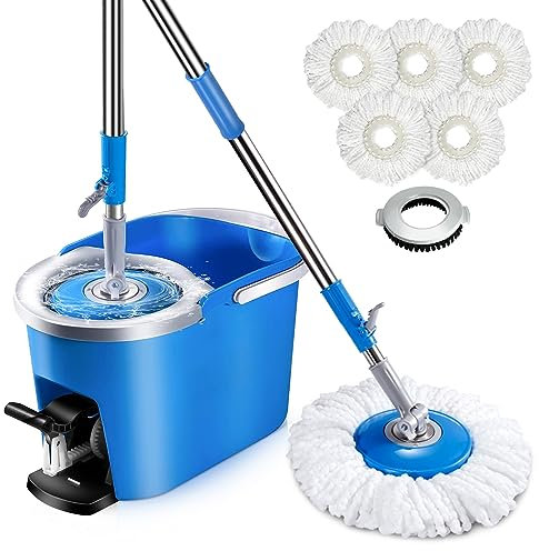 Midyb Wischmopp Set mit Eimer, Putzeimer und Mop Set & 5 Moppkopf, Bodenwischer Set mit Auswringfunktion & Teleskopstiel, Wischer Komplett für Hartholz Fliesenböden, Senden 1 Bürstenkopf