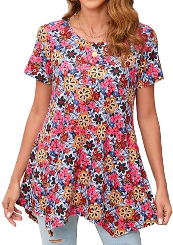 Enmain Tunic Tops for Women UK Short Sleeve Ladies Tunics Floral Summer Tunic Top for Leggings Casual Loose Blouses T Shirt Multicolor S
