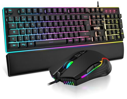 RedThunder K10 Juego 3 en 1 de Teclado, Ratón y Reposamuñecas de Cuero, Retroiluminación RGB + Tacto Mecánico, Teclas Anti-Ghosting + Ratón 7D 7200DPI, Layout Español, Compatible con PC/PS5/Xbox Negro