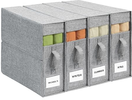 4Pack Sheet Organizers for Linen Closet - King/Queen Size Bedding Storage Boxes with Clear Window, Foldable & Dustproof Linen Organizer for Blankets & Sheet Sets,Grey