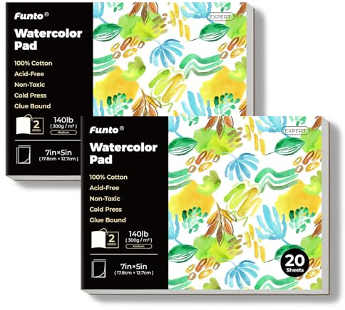 Funto Paquetes de Papel de Acuarela, 2 Paquetes de Valor, 100% Algodón, 20 Hojas Cada Uno, 7 x 5, 140lb (300gsm), Encuadernado Con Pegamento, Fácil de Arrancar Para Dibujo de Viaje y Técnicas Mixtas