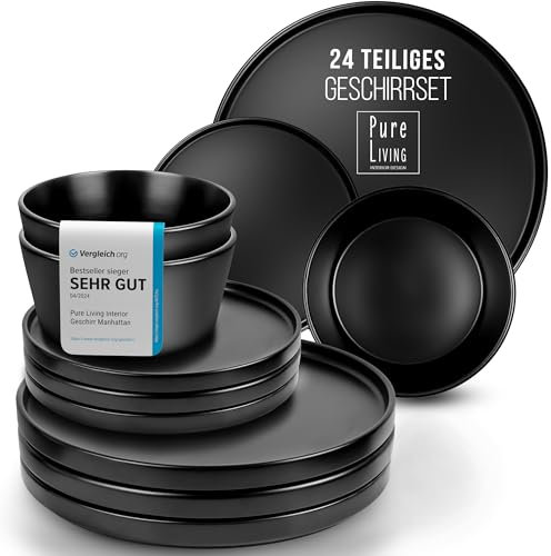 Steingut Geschirrset 8 Personen Manhattan 24 tlg. TESTSIEGER, Cooles Urbanes Steingut Geschirr Set, Schüssel- und Teller Set, Tafelservice 8 Personen, Geschirrsets Pure Living in matt Schwarz