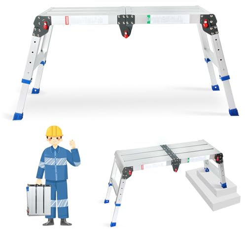 LEADALLWAY Portable Work Platform Height Adjustment 33(L) x12(W) x20(H) Foldable Step Stool Aluminum Platform Ladder with One-Touch Automatic Fold 330 Lbs Capacity