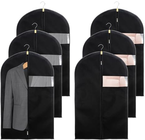 6 Pcs Portatrajes Colgantes No Tejidas 60 x 100 cm, Funda Ropa Reutilizable Negra Reutilizables Antipolvo Con Ventana y Cremallera Para Camisas, Trajes, Chaquetas y Vestidos