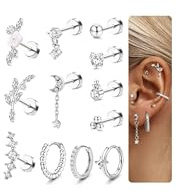 JeweBella 12Pcs Piercing Oreille Boucles d'Oreilles Femme Acier Inoxydable Piercing Tragus Helix Ensemble de Boucles d'Oreilles Femme Argent Or Petites Helix Piercings Conch Rook Anneaux Tragus