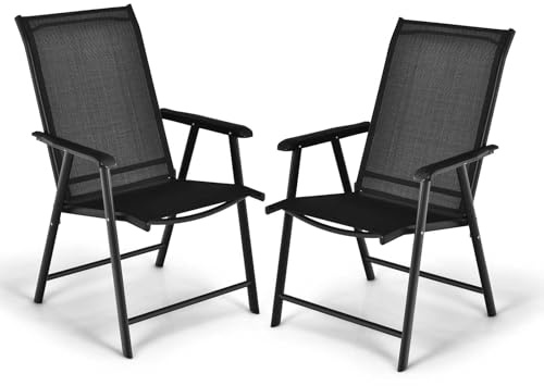 KOMFOTTEU Set di 2 Sedie da Giardino Pieghevoli con Schienale Alto, Sedie da Esterno in Tessuto e Metallo, Carico 150 kg, Poltrona da Balcone, Terrazza, Sala da Pranzo, Cortile (Nero)