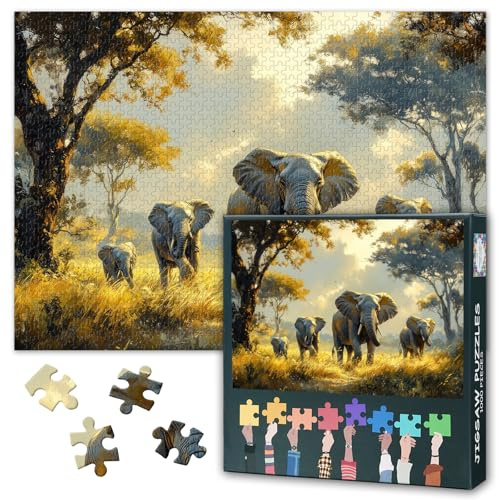 Puzzle de 1000 pièces pour adultes - Éléphants Randonnée à travers les prairies - Puzzle de 1000 pièces pour adultes et enfants à partir de 9 ans - Puzzles Décoration de la maison - Dimensions finies
