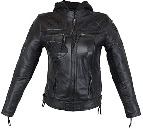 EURO STARS Damen Biker Lederjacke Schwarz mit Kapuze und Protektoren, Damen Motorradjacke, Damen Bikerjacke, Damen Lederjacke, Damen Jacke (S, Black)