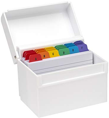 Osco White Gloss Plastic Index Box | Regular | A-Z Dividers | 100 Lined Sheets Included (6 x 4) | Ruled Revision Flash Cards | Recipe Notes | Contacts