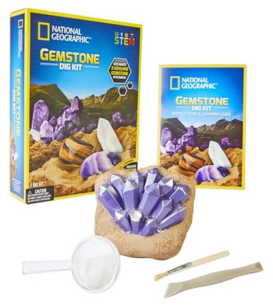 National Geographic Gemstone grävkit - fascinerande ädelsten grävningskit för barn med autentisk ametist, kvarts och tigeröga | STEM pedagogiska kit gåvor för 8+ år gamla pojkar och flickor