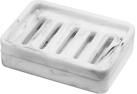 Shinowa Portasapone a Doppio Strato, Porta Sapone in Resina Portasapone Doccia Bagno Cucina Accessori Bagno Contenitore Vassoio Rettangolare Scatola Porta Saponetta Spugna con Ripiano - Bianco Marmo
